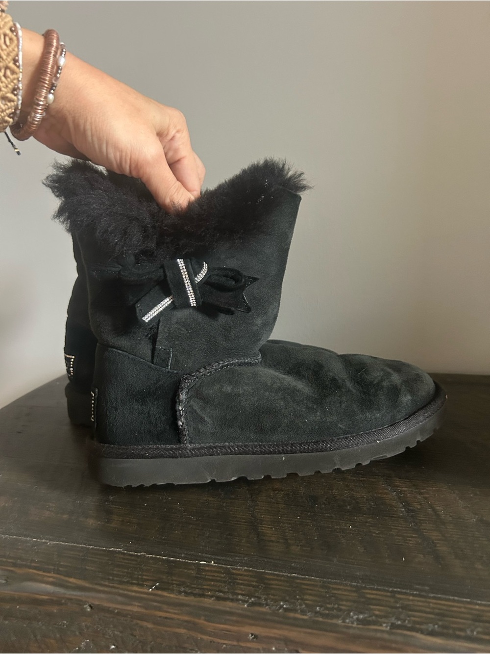 UGG Black Suede Shearling Bow Winter Boots